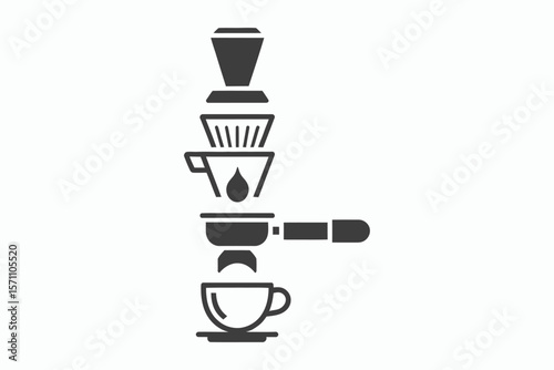 Iconographic representation of the espresso brewing process from portafilter to cup