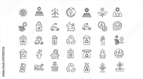 Set of 50 eco-themed line icons featuring renewable energy, sustainability, and green living concepts.
