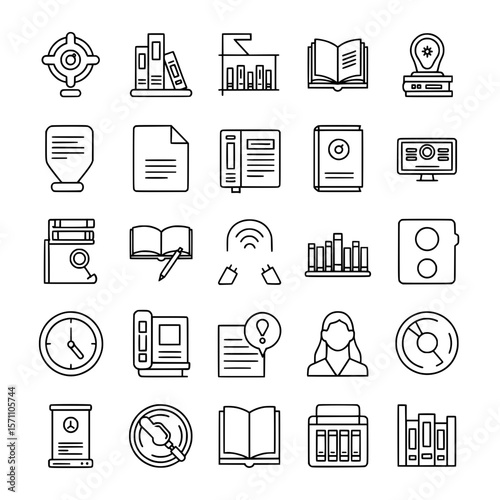 Library and education line icons set with books, data, research, documents, learning tools, and digital access.