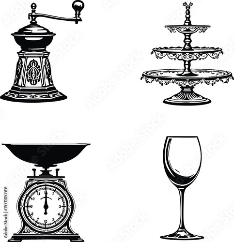 Vintage Kitchen Icons — Silhouette Set Featuring Coffee Grinder, Serving Tray, Scale, and Wine Glass