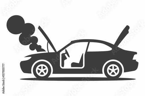 Stylized silhouette of a broken down car with smoke coming from the open hood
