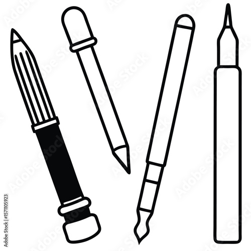 Collection of drawing and writing tools silhouette isolated on white background
