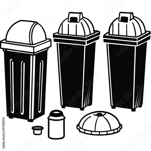 Collection of trash cans and lids in silhouette isolated on white background