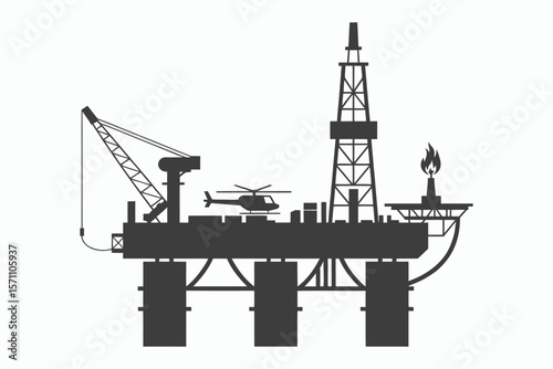 Silhouette of an offshore oil rig with a helicopter and crane on a white background