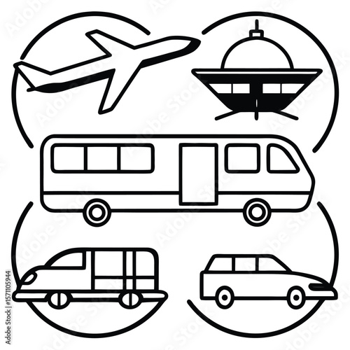 Diverse transportation methods including airplane bus car and van silhouette isolated on white background