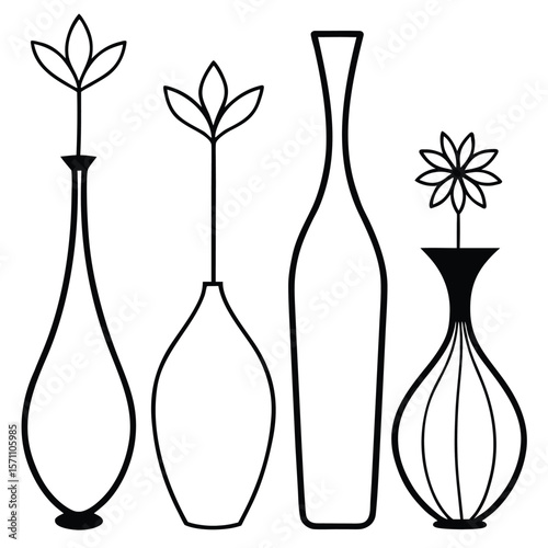 Four stylized vases with floral elements silhouette isolated on white background