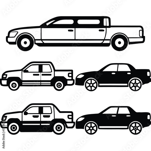 Collection of diverse vehicle silhouettes including a limousine and pickup trucks isolated on white background silhouette
