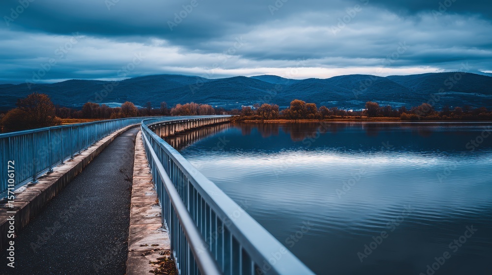 Fototapeta premium Serene twilight view of a winding bridge over a tranquil lake surrounded by mountains