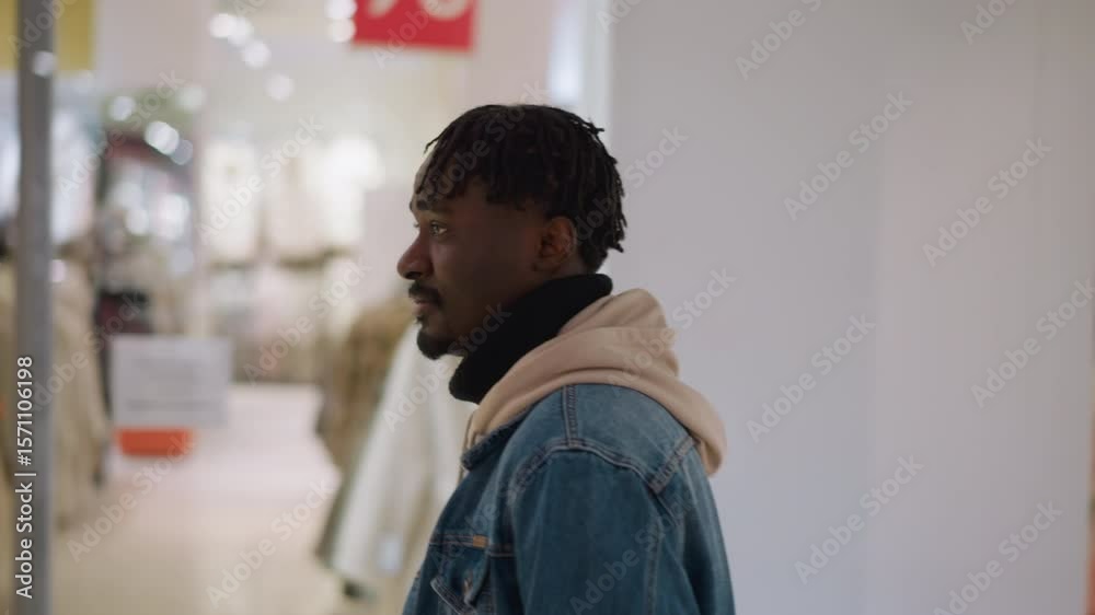 young black man in denim jacket and hoodie browsing winter hats on mannequin display in modern retail store interior casual shopping scenario side profile portrait capturing thoughtful moment