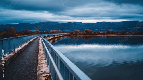 Wallpaper Mural Serene twilight view of a winding bridge over a tranquil lake surrounded by mountains Torontodigital.ca