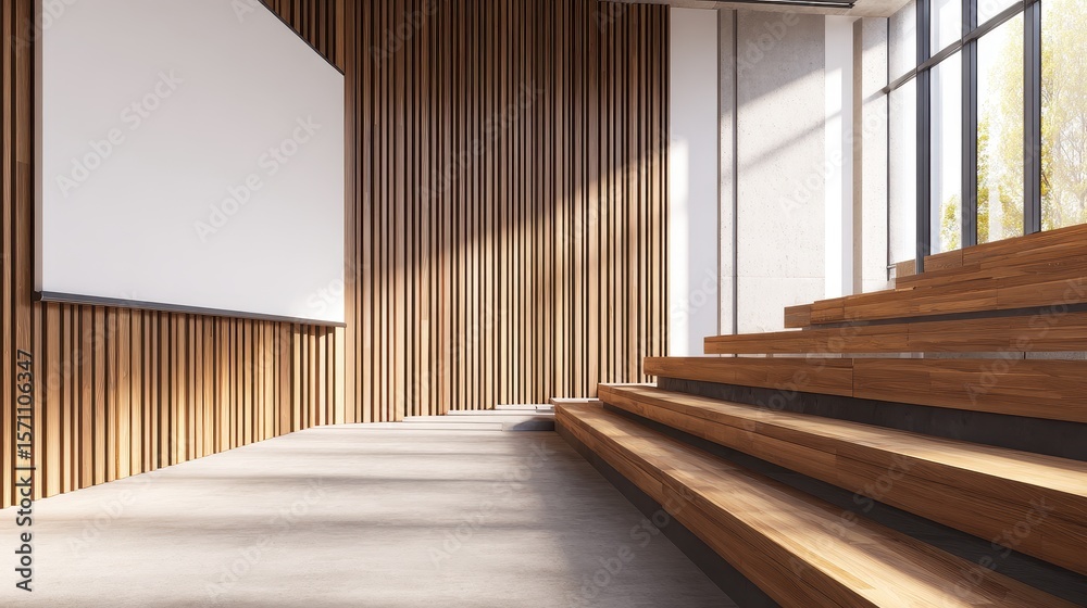 Fototapeta premium Modern conference room with wooden seating, projector screen, and bright natural light