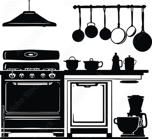 Kitchen Station — Silhouette Illustration of Stove, Countertop Appliances, Hanging Utensils, and Dishwasher Setup