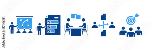 Strategy Planning Icon Set Multiple Style Collection, Containing design Project Discussion, Workflow Optimization, Team Goals,  Task Prioritization