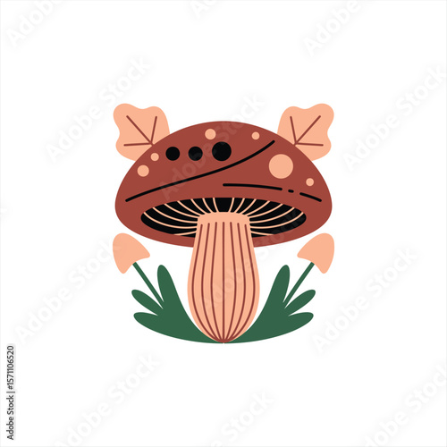 Autumn Mushrooms or Toadstool with Cap and Stem Growing in Green Grass