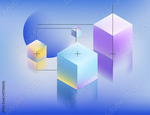 Vector illustration in trendy 3D gradient style: pastel cubes with blue, purple, and yellow hues on a soft blue background. Modern abstract look, popular in digital and web design.