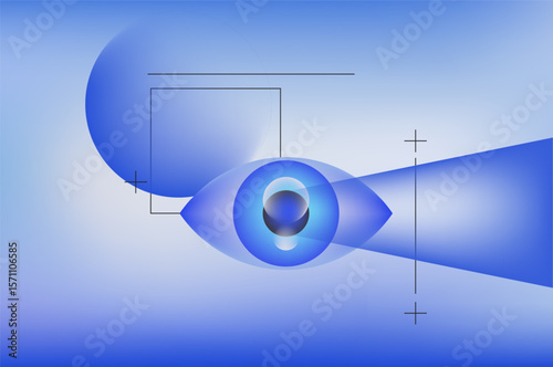 Abstract vector illustration in modern gradient style: a blue eye with spheres, rectangles, and lines on a soft blue background. Futuristic digital-art. Vision and tech theme.