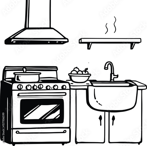 Everyday Kitchen — Silhouette Illustration of Stove, Sink, Range Hood, Pot, and Steaming Shelf with Fruit Bowl