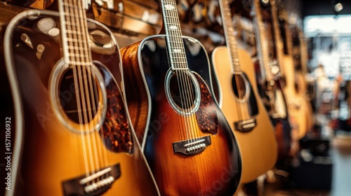 The display of beautifully crafted acoustic guitars in a music shop.