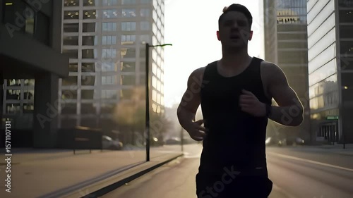 Man running on city street at sunrise for urban fitness and wellness lifestyle