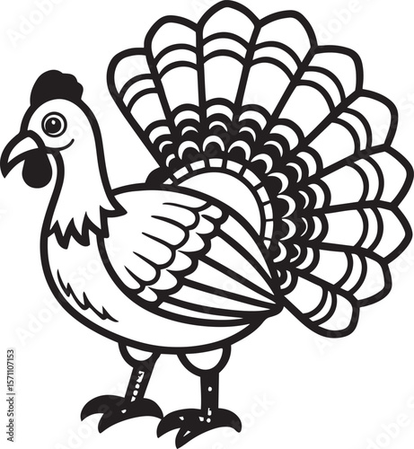 Funny cartoon fowl vector illustration with a cute farm bird, rooster, and turkey for Thanksgiving