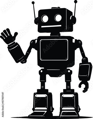 Friendly Bot — Silhouette Illustration of Robot Waving with Antennas, Clawed Hand, and Screen Panel