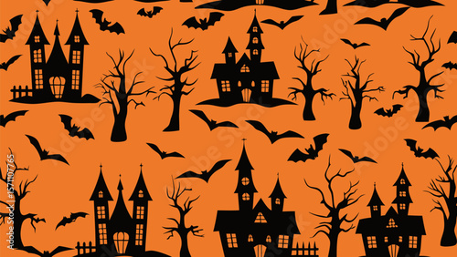 Halloween night scene with spooky castle pumpkins and bats in a dark vector background