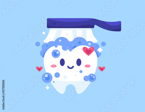 a dental care concept. cleaning teeth to be clean and healthy. illustration of a happy tooth being cleaned with a toothbrush. cute and adorable character. flat style design. asset elements. blue 