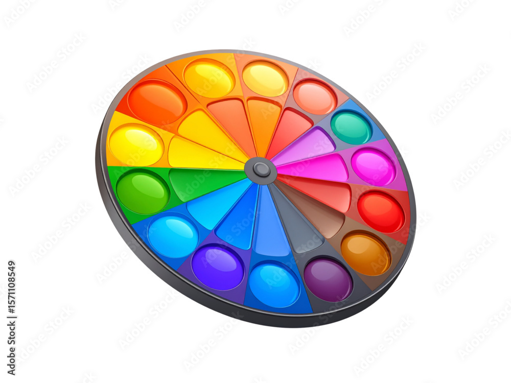 Obraz premium A colorful circular pop it toy featuring vibrant triangular and circular segments, designed to help with stress relief, focus, and sensory stimulation.