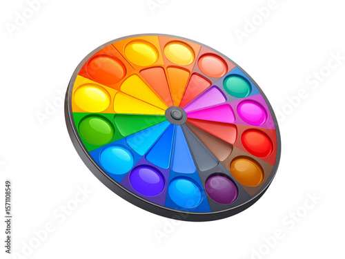 A colorful circular pop it toy featuring vibrant triangular and circular segments, designed to help with stress relief, focus, and sensory stimulation.