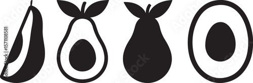 slice avocado fruit silhouette icons set side, front, back, and top views vector illustration