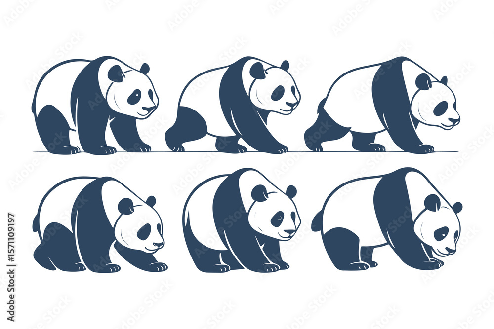 Naklejka premium Set of Cute Panda Bear Illustrations in Different Poses. Vector Cartoon Style Animals for Kids Designs, Logos, Stickers, and Branding