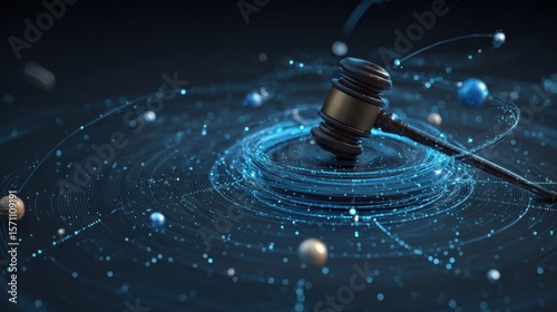 A judge's gavel floating over a cosmic, digital galaxy, symbolizing law and justice in a futuristic or technological universe.