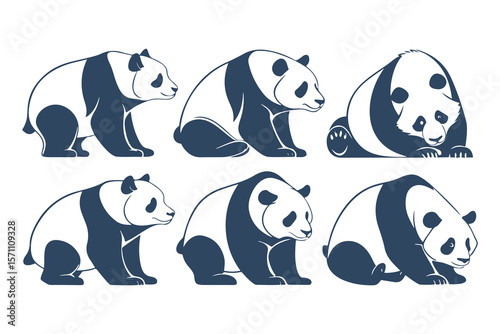Set of Cute Panda Bear Illustrations in Different Poses. Vector Cartoon Style Animals for Kids Designs, Logos, Stickers, and Branding