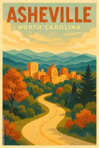 Scenic retro illustration of Asheville Poland showing a winding road leading to city buildings framed by colorful autumn trees and distant blue mountains