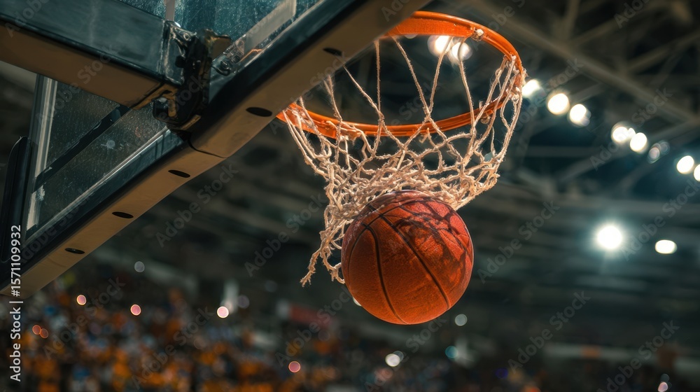 Fototapeta premium The basketball successfully swishes through the net in an exciting match