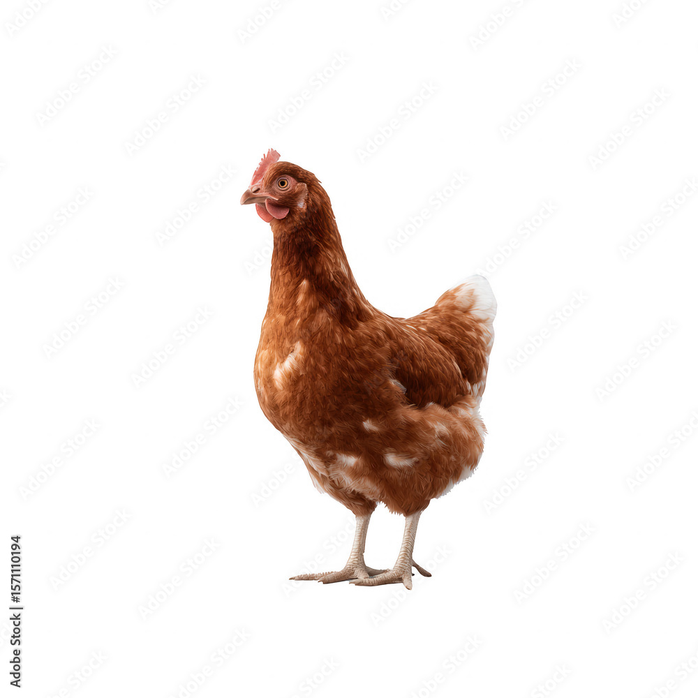 Fototapeta premium A brown chicken standing upright, showcasing its feathers and unique features against a white isolated background.