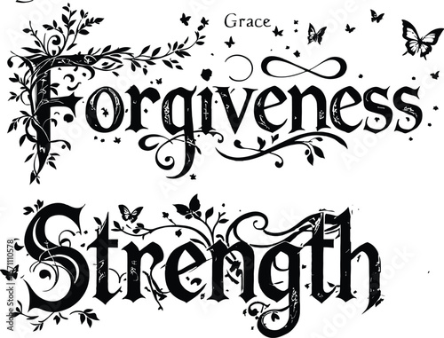 Virtues in Bloom — Silhouette Typography of “Grace,” “Forgiveness,” and “Strength” with Decorative Flourishes