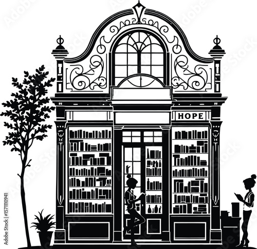 Bookshop of Hope — Silhouette Illustration of Bookstore with Arched Window, Trees, and Reading Figures