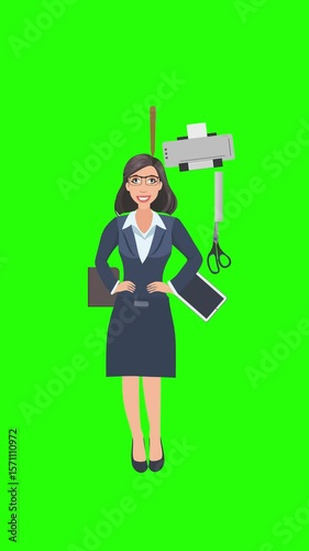 Cartoon animation with office women surrounded by office tools elements, business or education graphics