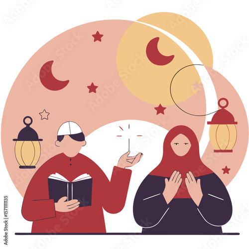 Ramadan Activities – Muslim People Fasting and Praying Illustrations