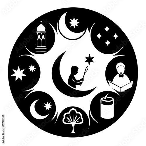 Ramadan Symbols – Crescent, Lantern, Prayer, and Traditions Illustration