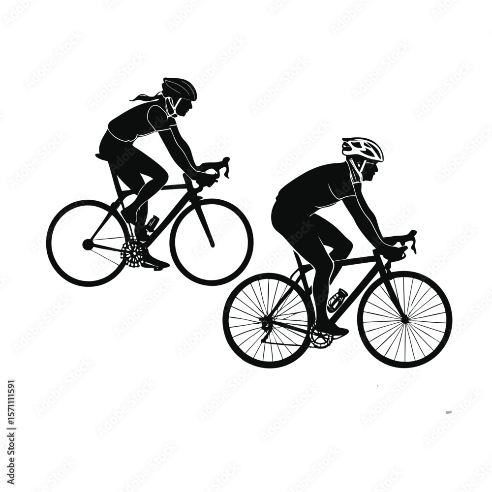 Obraz premium Detailed Bicycle Rider Silhouettes: Male & Female Cyclists in Action for Sports, Fitness, and Outdoor Adventure Designs