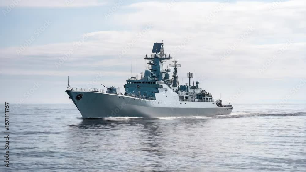 A warship sails through calm waters under a cloudy sky, showing off its power and readiness. A grey warship on an open ocean mission, with detailed antennas and radars.