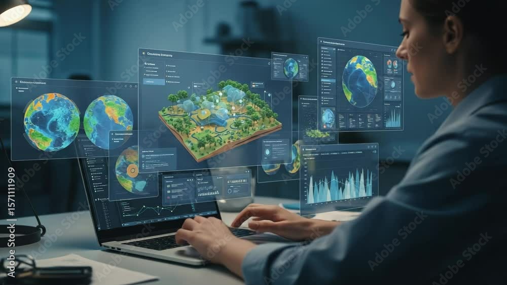 Scientist working on a laptop with holographic displays of Earth, climate data, and smart city models, symbolizing environmental research and sustainable development