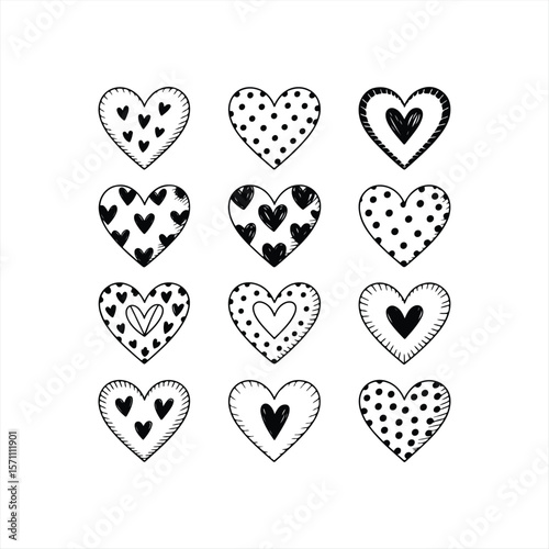 Hearts,  black love heart symbol icon set on isolated white background