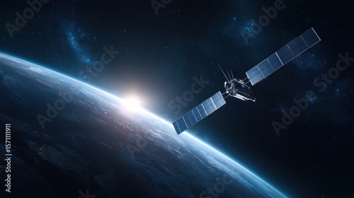 Fototapeta Naklejka Na Ścianę i Meble -  A satellite orbits Earth with the sun rising over the horizon against a backdrop of stars and deep space.