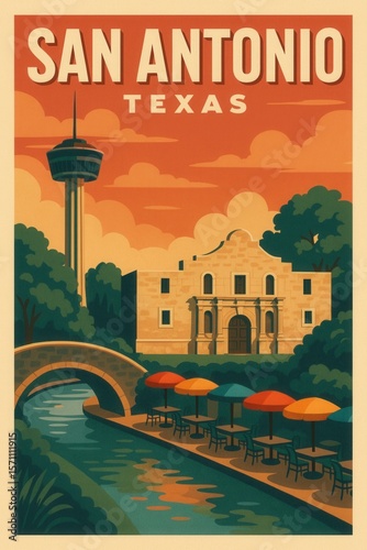 Travel poster illustration of San Antonio, Texas, showing the historic Alamo mission, a stone bridge, River Walk dining area with tables, and surrounding trees under a red sky