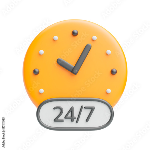 Customer service 3d icon. Realistic yellow clock face and 24 7 service text in black border. All day working concept. Vector symbol of client support, help, working hours isolated on white