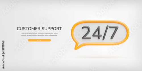 24 7 3d service banner. Realistic speech bubble with yellow border and black 24 7 service text. Hotline customer support concept. Trendy cute vector landing for service, help, working hour