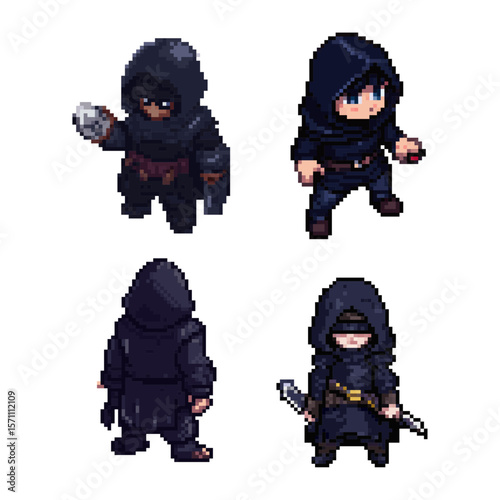 Pixel Art Dark Robe Assassin Characters Collection, Fantasy RPG Sprites. Collection of four distinct pixel art characters adorned in dark, hooded robes, rendered in a classic retro video game style